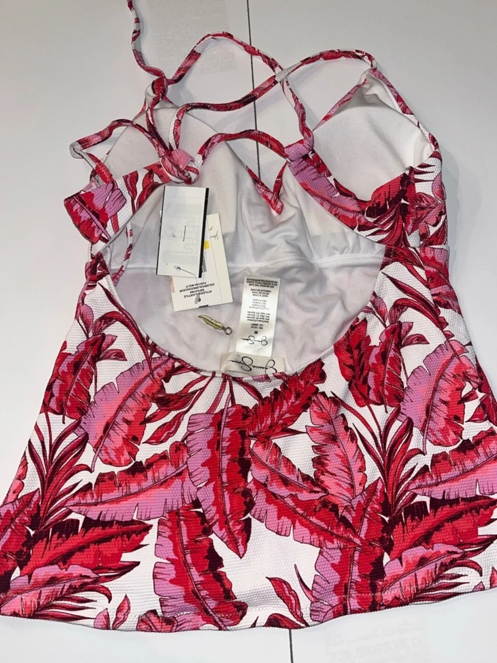 Jessica Simpson Paradiso Palm Tankini Top Fuchsia Pink Tropical Cross Back SZ:M
